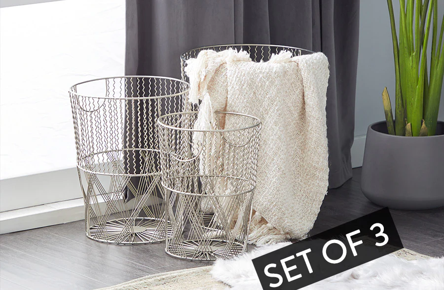 Modern Industrial Wire Storage Baskets, Set of 3